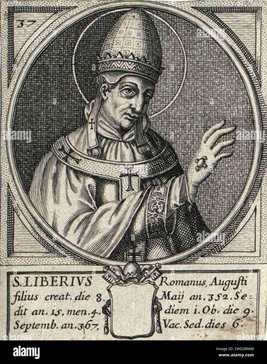Un'incisione del XVI secolo di Papa Liberio che fu pontefice dall'AD352 all'AD366. Era il 36° papa. Fu il primo papa che non fu canonizzato dalla chiesa latina, anche se è considerato tale dalla Chiesa orientale. Foto Stock