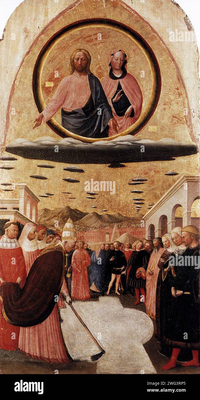 Un dipinto del 1428 di Papa Liberius che fu pontefice dall'AD352 all'AD366. Era il 36° papa. Fu il primo papa che non fu canonizzato dalla chiesa latina, anche se è considerato tale dalla Chiesa orientale. Nel dipinto è mostrato che pone le fondamenta durante la fondazione di Santa Maria maggiore. Foto Stock