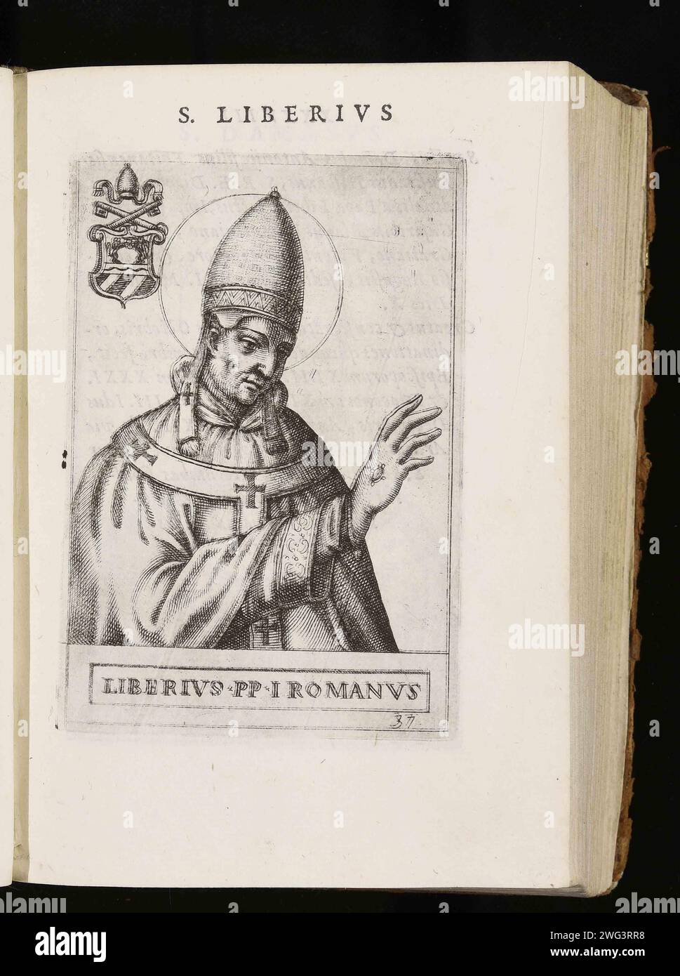 Un'incisione del 1580 di Papa Liberio che fu pontefice dall'AD352 all'AD366. Era il 36° papa. Fu il primo papa che non fu canonizzato dalla chiesa latina, anche se è considerato tale dalla Chiesa orientale. Foto Stock