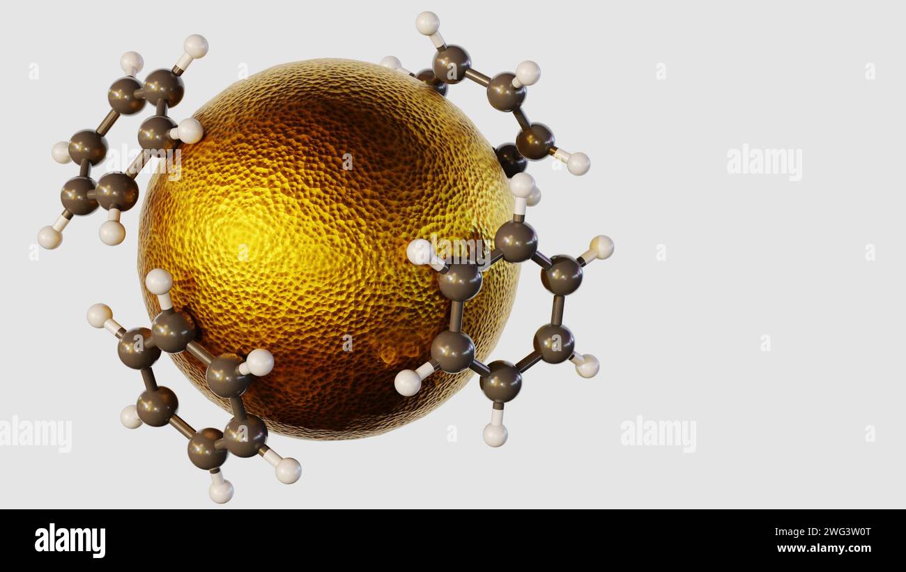 Rendering 3d di molecole di benzene nanoparticelle di oro coniugato (Au) (NPS) su sfondo bianco Foto Stock