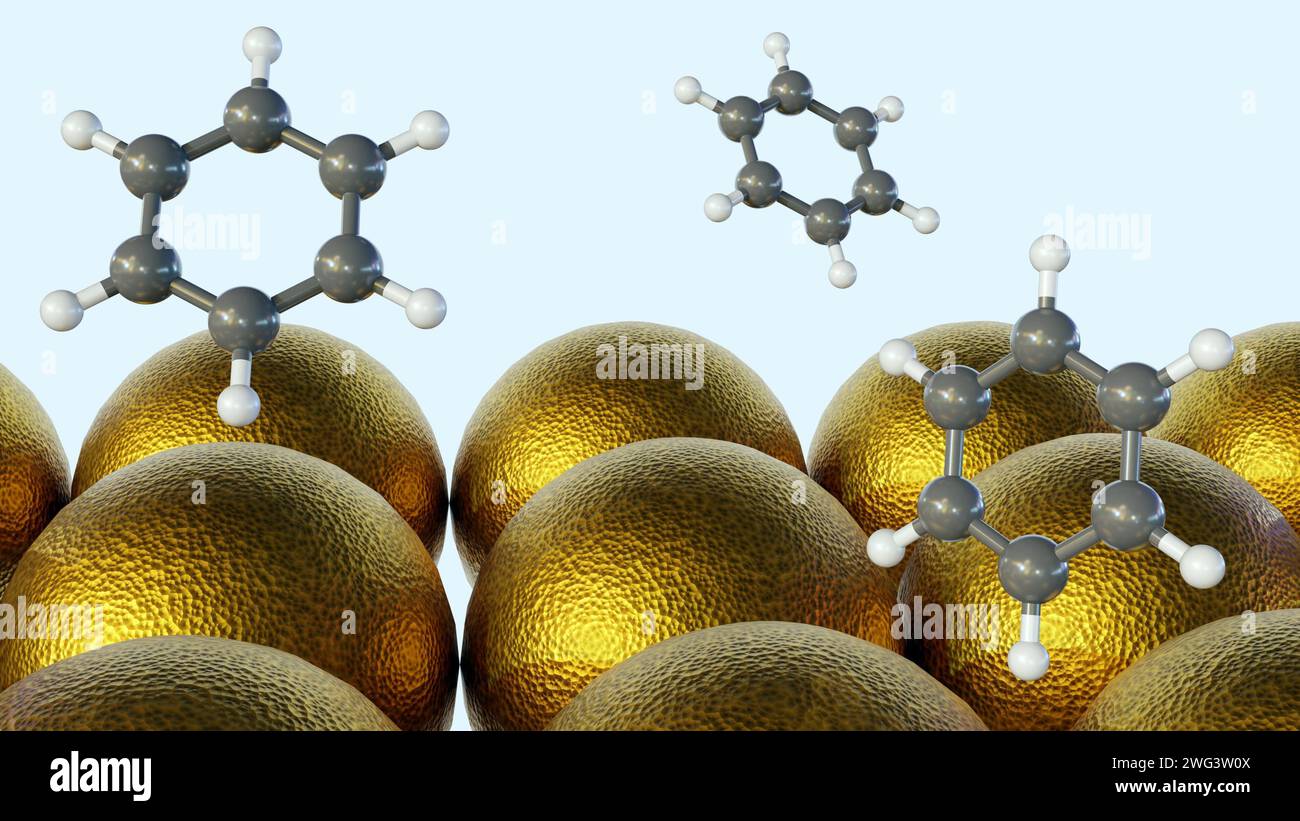 Rendering 3d di molecole di benzene nanoparticelle di oro coniugato (Au) (NPS) su sfondo bianco Foto Stock