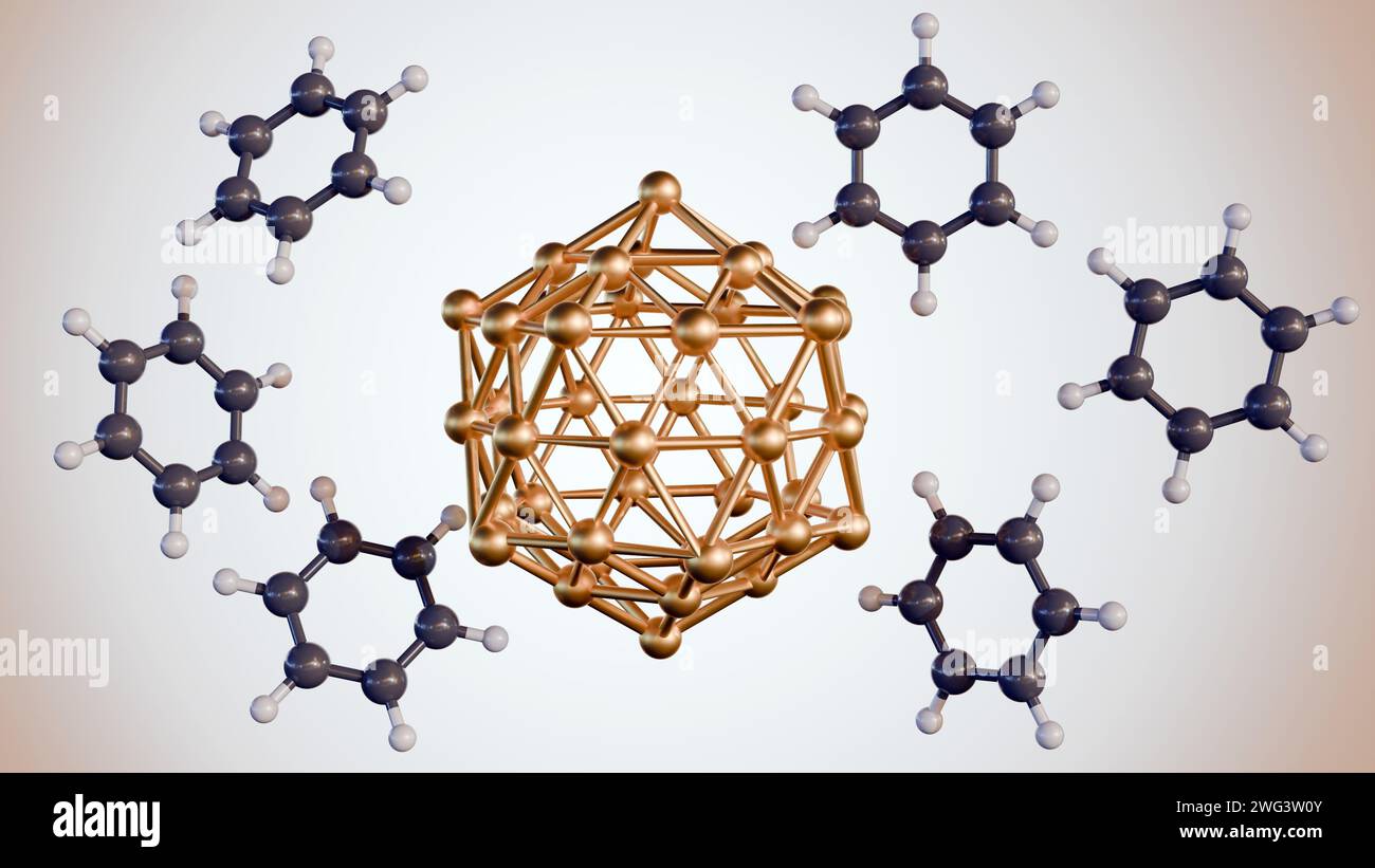 Rendering 3d di molecole di benzene nanoparticelle di oro coniugato (Au) (NPS) su sfondo bianco Foto Stock