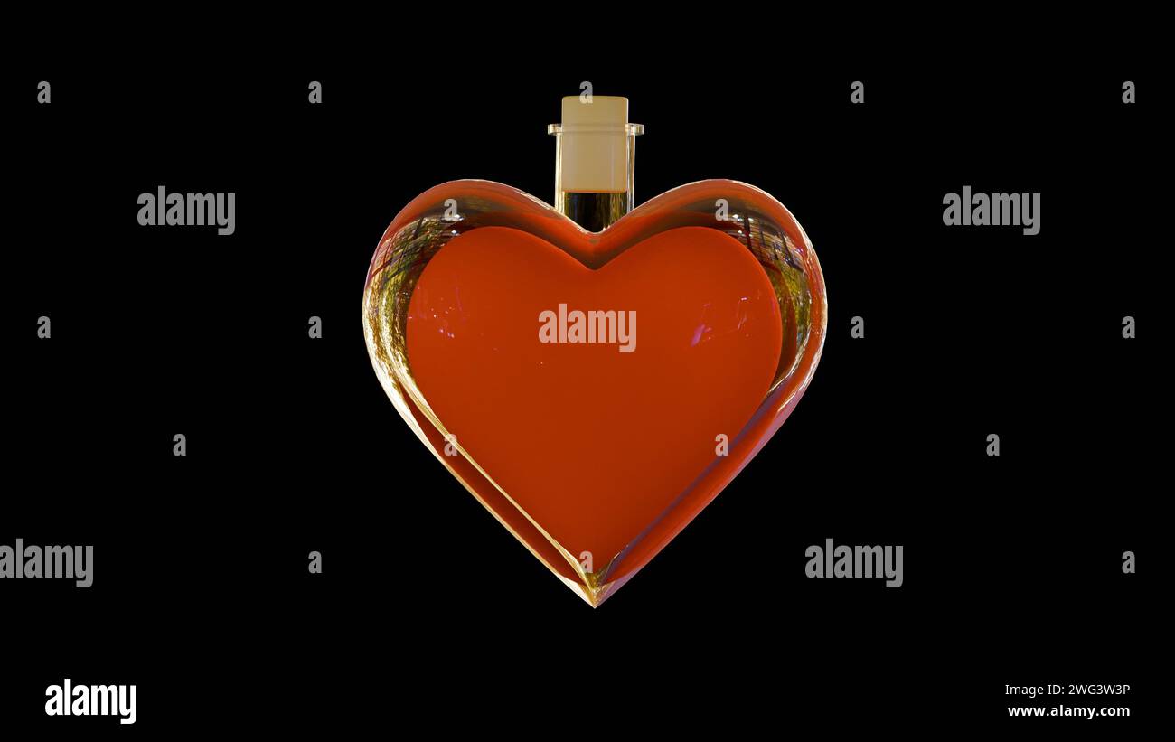 rendering 3d del veleno d'amore in una bottiglia rossa a forma di cuore contenente un liquido rosso Foto Stock