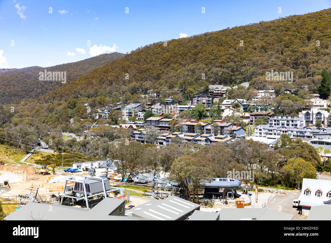 Villaggio sciistico di Thredbo nelle Snowy Mountains dell'Australia, visto dalla seggiovia nell'estate 2024, nuovo Galles del Sud, Australia Foto Stock