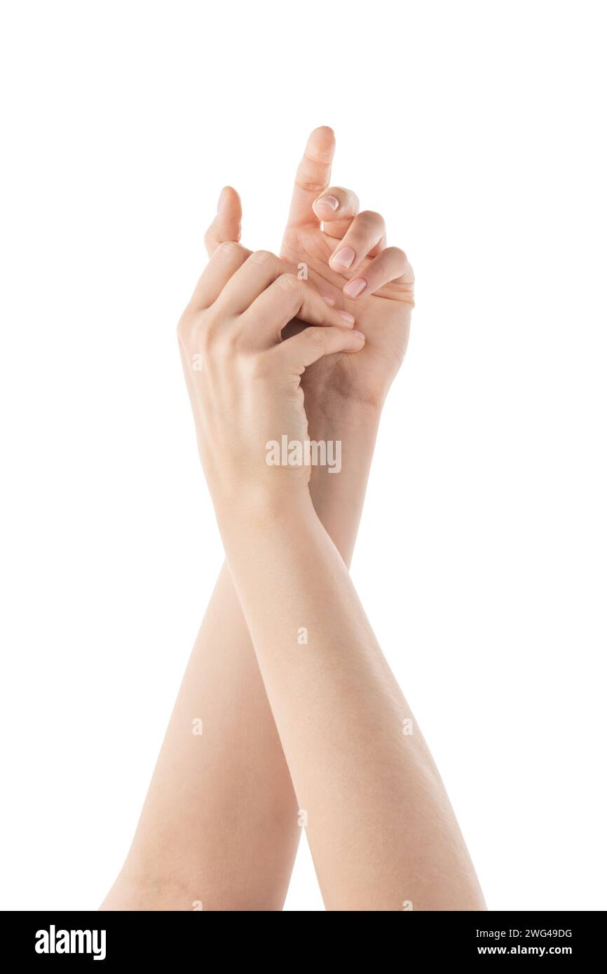 Le mani di una giovane donna mostrano eleganza isolata su sfondo bianco, con dettagli alti Foto Stock