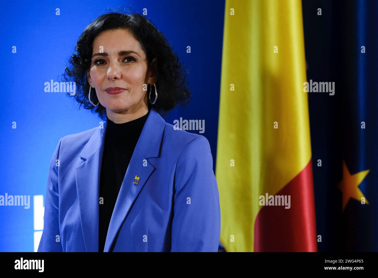 Hadja LAHBIB, ministro degli affari esteri, arriva a partecipare alla riunione informale dei ministri degli affari esteri dell'UE a Bruxelles, in Belgio, il 3 febbraio 2024. Credito: ALEXANDROS MICHAILIDIS/Alamy Live News Foto Stock