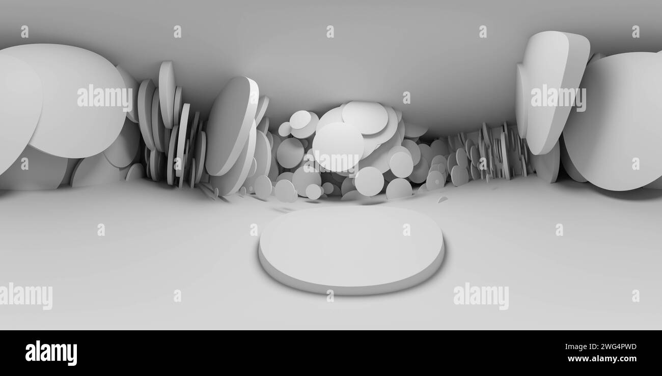 Design minimalista astratto della stanza con piattaforma circolare in una mappa dell'ambiente vr panoramica a 360° dello studio bianco Foto Stock