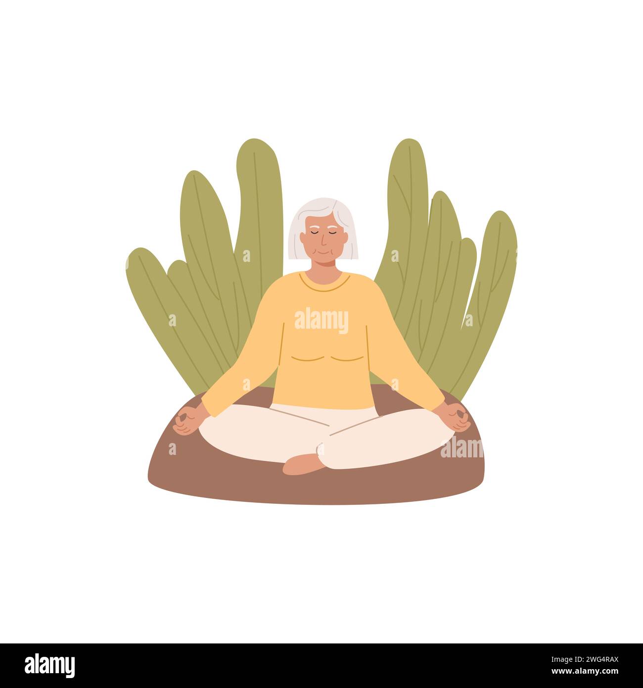 Donna anziana seduta all'aperto nel parco e pratica yoga. Donna anziana moderna con gambe incrociate occhi chiusi che meditano sulla natura. Meditazione, Illustrazione Vettoriale