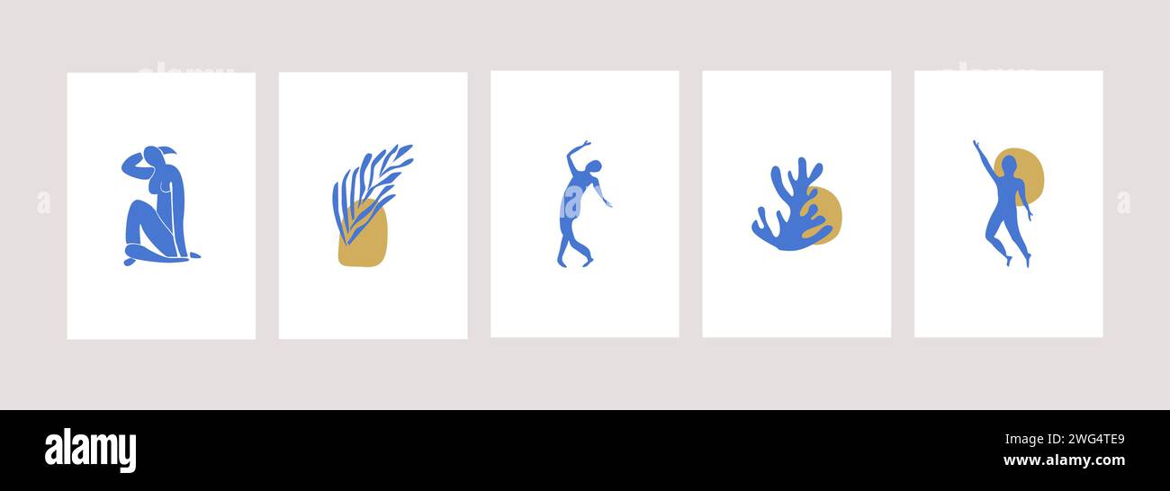 Matisse ha ispirato poster moderni con figure femminili astratte e rami o coralli su sfondo bianco. Set di arte murale contemporanea. V. piatto colorato Illustrazione Vettoriale