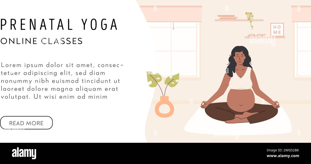 Donna incinta afroamericana che meditava. Modello di banner Web per lo yoga prenatale. Donna nera o asiatica seduta con le gambe incrociate. Meditazione rilassante Illustrazione Vettoriale