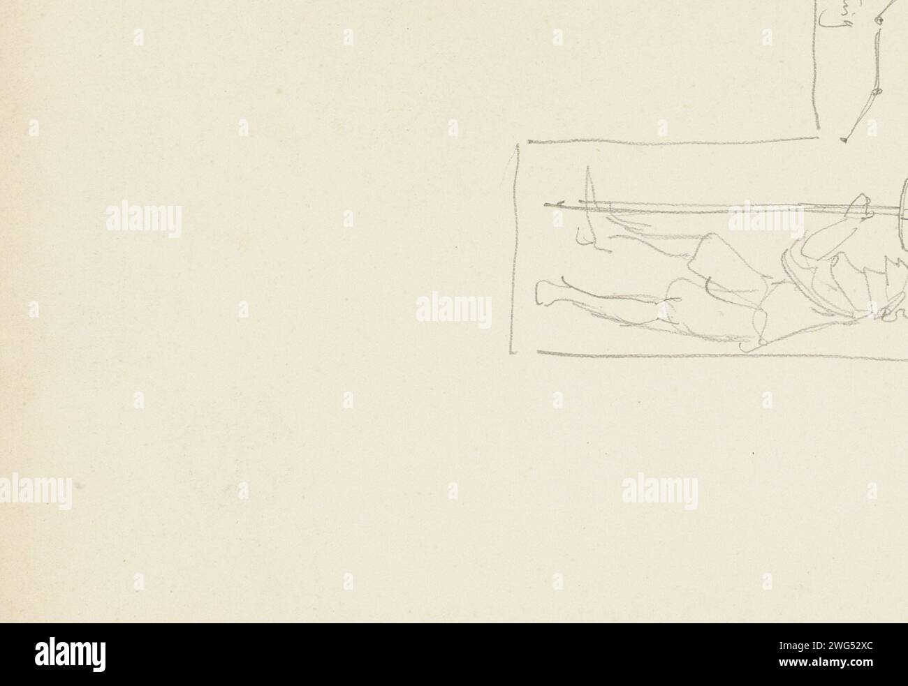 L'uomo con quella luce del sole cattura con uno strumento ottico, 1900 - 1903 anche uno studio di un uomo con un palo in mano con un disco su di esso da cui proviene una catena. Forse uno strumento per misurare la terra. Foglia 43 verso da un quaderno di 45 fogli. carta. strumenti ottici a matita. strumenti di misurazione Foto Stock