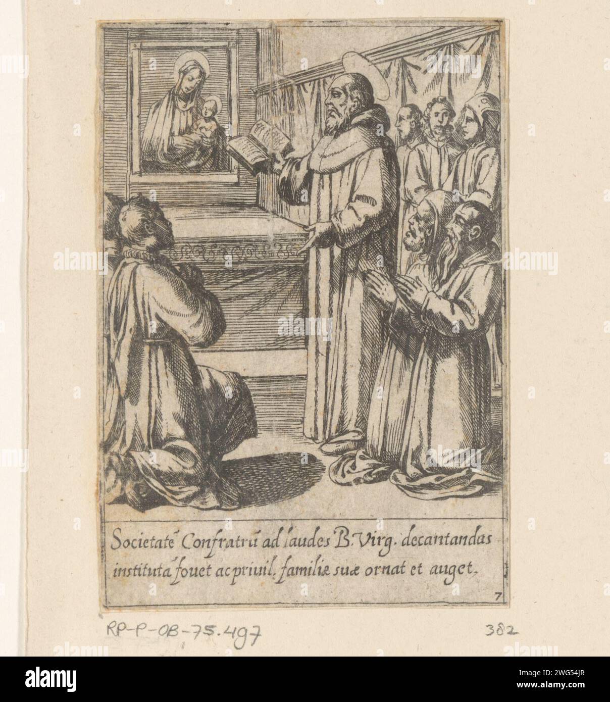 Il Santo Filippo conduce alla preghiera come capo dei Servi, Antonio tempesta, 1591 stampa San Filippo conduce alla preghiera come capo dei nappiti. Testo in latino in STUDMARGE. Numerato di seguito: 7. Tipografia: Carta cittadina Romevaticana incisione Priore generale dell'ordine dei Servi, Filippo Benizzi di Firenze; possibili attributi: Libro, croce, giglio, tiara ai suoi piedi. (pubblico) preghiera Foto Stock