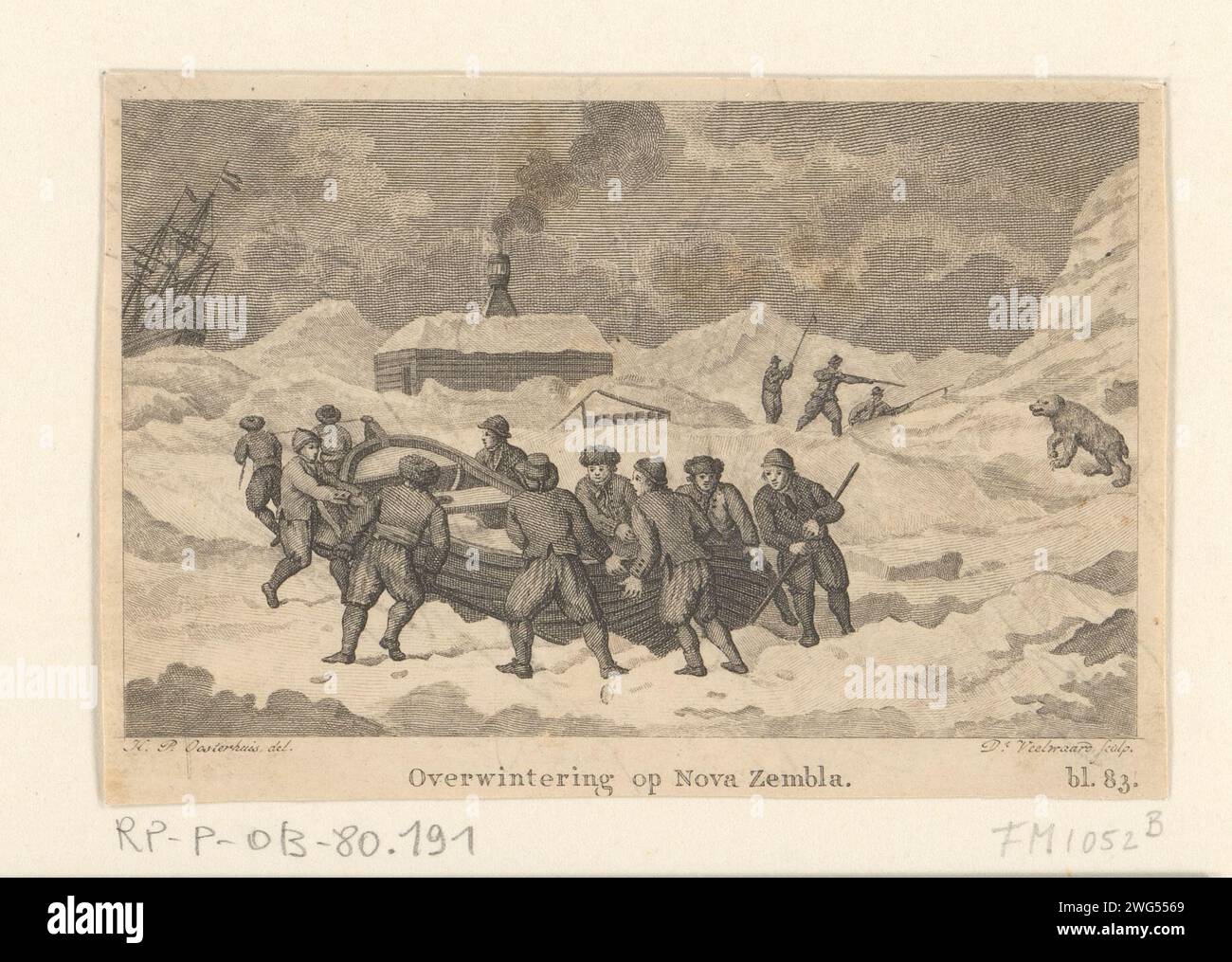 Svernamento su Nova Zembla, 1596-1597, 1794 - 1854 stampa l'svernamento su Nova Zembla, 1596-1597. L'equipaggio della nave tira uno sloop sul ghiaccio, sullo sfondo le huys di conservazione e la caccia agli orsi polari. L'incisione della carta olandese Keep huys. Nova Zembla Foto Stock