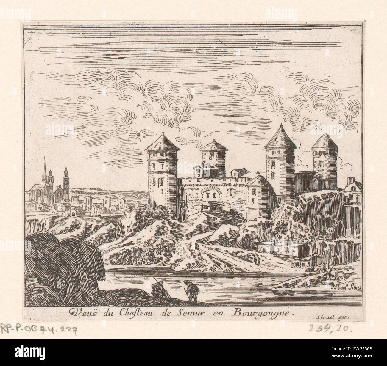 Vista del castello di Semur-en-Brionnais, Israel Silvestre, 1652 stampe di carta incisione/incisione paesaggio con torre o castello Semur-en-auxois Foto Stock