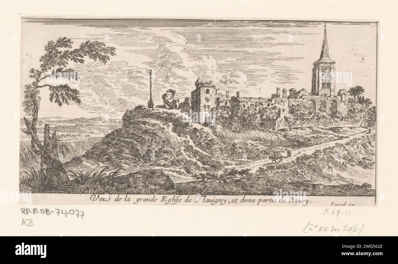 Veduta della Chiesa di Flavigny, Israel Silvestre, 1650 stampe di carta incisa paesaggio con torre o castello Alise-Sainte-Reine Foto Stock