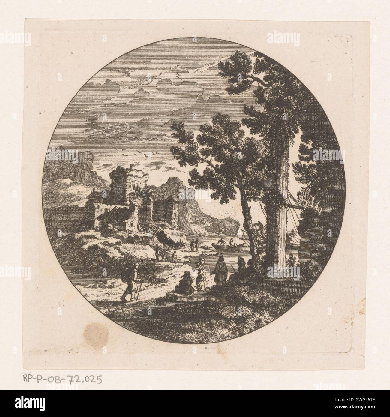 Paesaggio costiero con colonna, Nicolas Perelle, 1613 - 1695 stampa carta litoranea Foto Stock