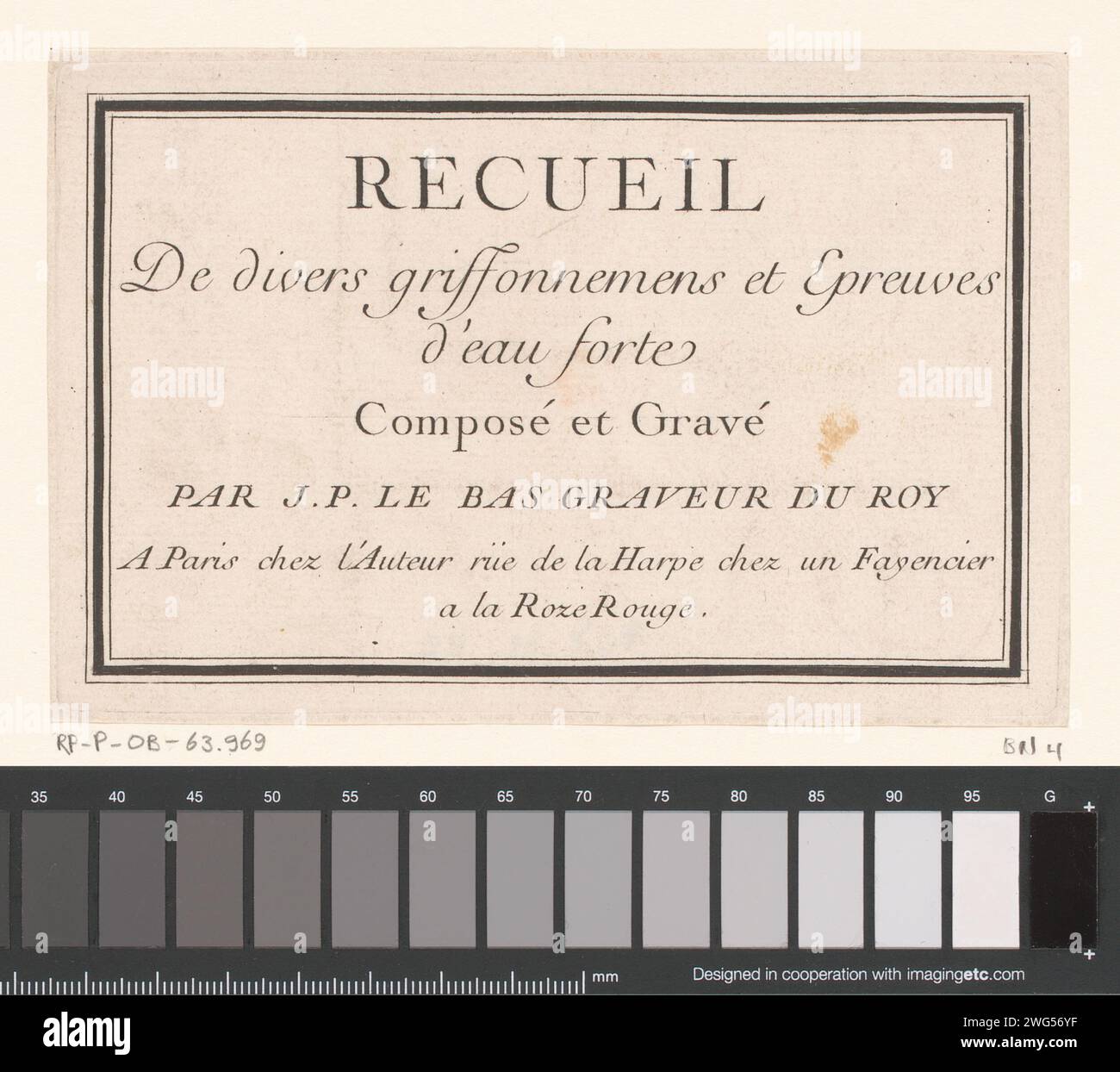 Stampa del titolo in cornice rettangolare, Jacques-Philippe le Bas, c. 1736 stampa Paris paper etching title-page Foto Stock