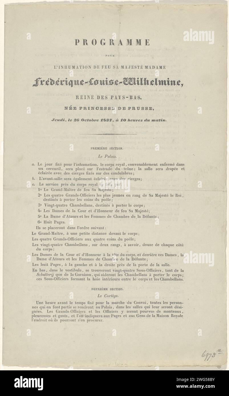 Programma per la sepoltura del defunto di sua Maestà Madame Frédérique-Louise-Wilhelmine (...) Giovedì 26 ottobre 1837, alle 10:00, 1837 foglio di testo programma dei funerali della regina Wilhelmina van Pruisen il 26 ottobre 1837. Doppia foglia stampata su tutti i lati con il programma del funerale. Stampa su carta da lettera dell'Aia Foto Stock