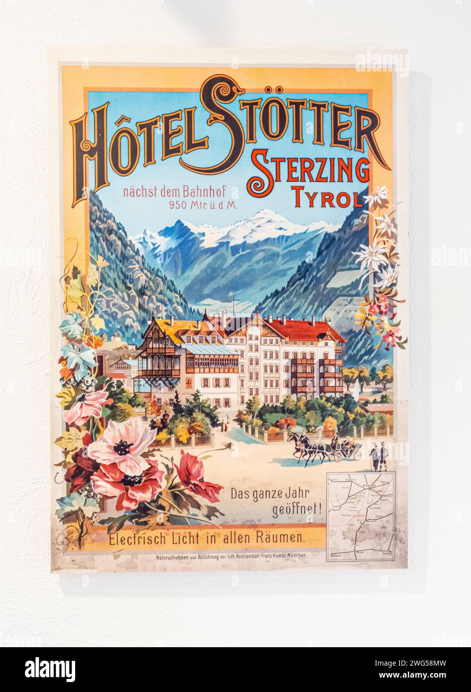 Manifesti pubblicitari turistici dei primi anni '1940 della città di Merano, alto Adige, Trentino alto Adige, Itay settentrionale, Europa Foto Stock