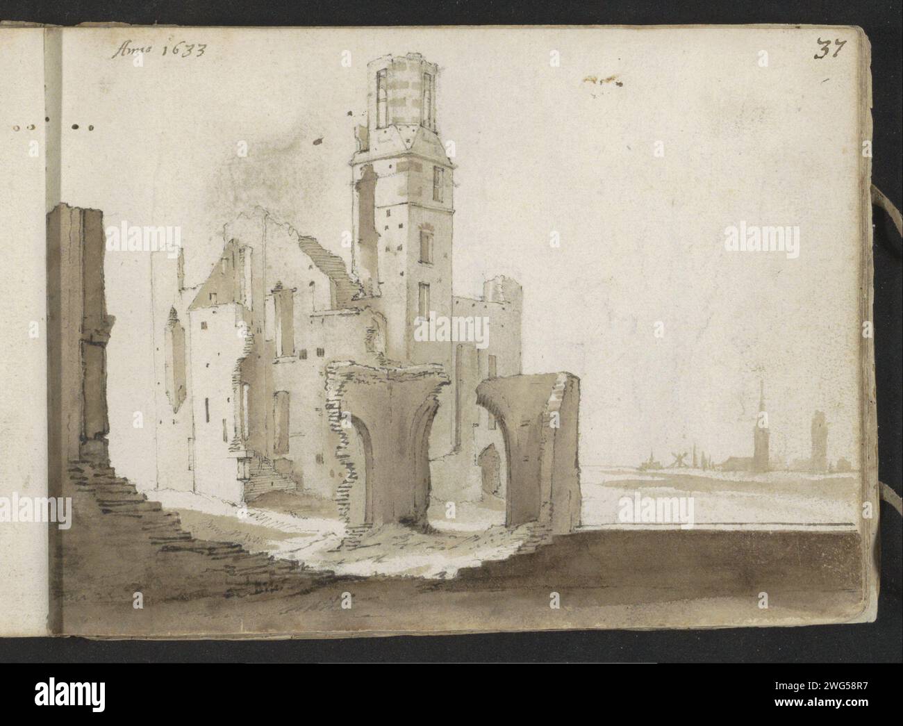 Ruin of Huis Kranenburg, 1633 Leaf 37 Recto da un bozzetto con 55 fogli. Berkum paper. penna a inchiostro/pennello rovina di un'abitazione, una casa, un castello, ecc. Casa Kranenburg Foto Stock