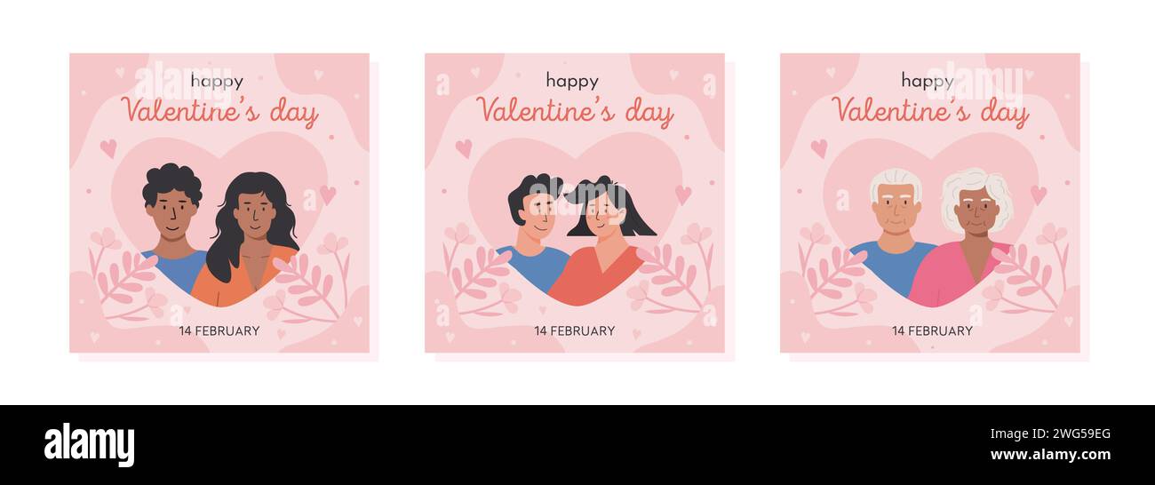 Set di biglietti di auguri quadrati per San Valentino con coppie diverse. Persone anziane moderne in relazioni romantiche. Uomo e donna africani o asiatici Illustrazione Vettoriale