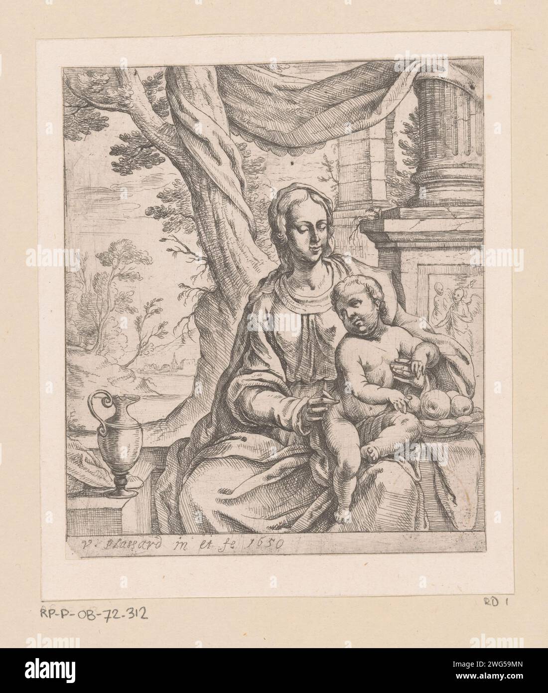 Maria con bambino e ciotola con frutta, Vincent Plassard, carta stampata del 1650 incisione Madonna: Cioè Maria con il Cristo bambino Foto Stock