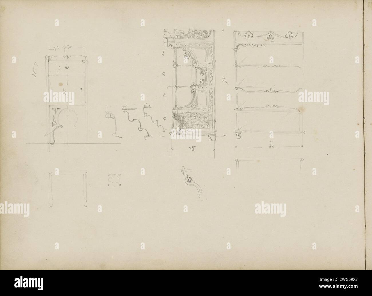 Comodini e credenza, 1857 - 1859 pagina 57 verso da un quaderno di 77 fogli. carta. mobili a matita per riporre Foto Stock