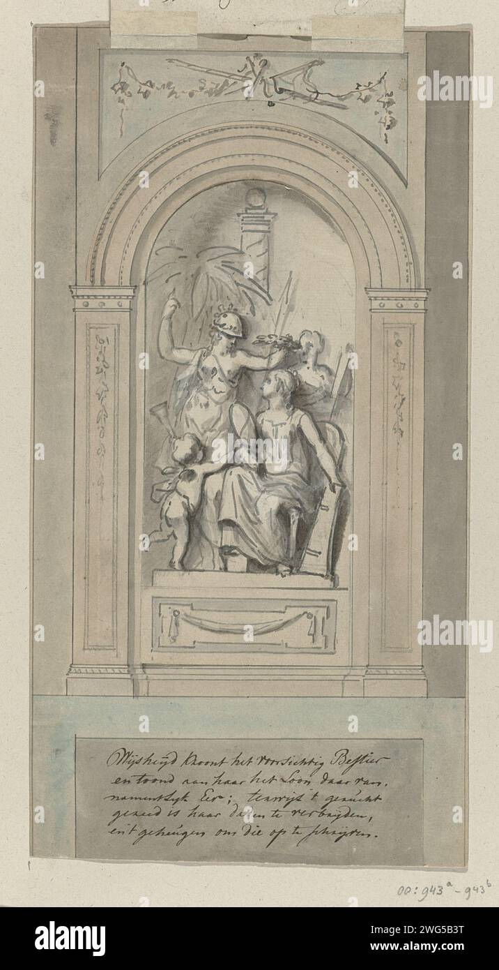 Disegno di un muro della stanza, con due varianti attaccate l'una sull'altra, Jurriaan Andriessen, 1760 - 1819 disegno due l'una sull'altra - varianti bloccate 'la saggezza corona il cartone'. Parte di un album composto da 102 fogli con 124 disegni. carta. pennello/pennello/pennello per pareti. soffitto (decorato). paesaggi nella zona temperata Foto Stock