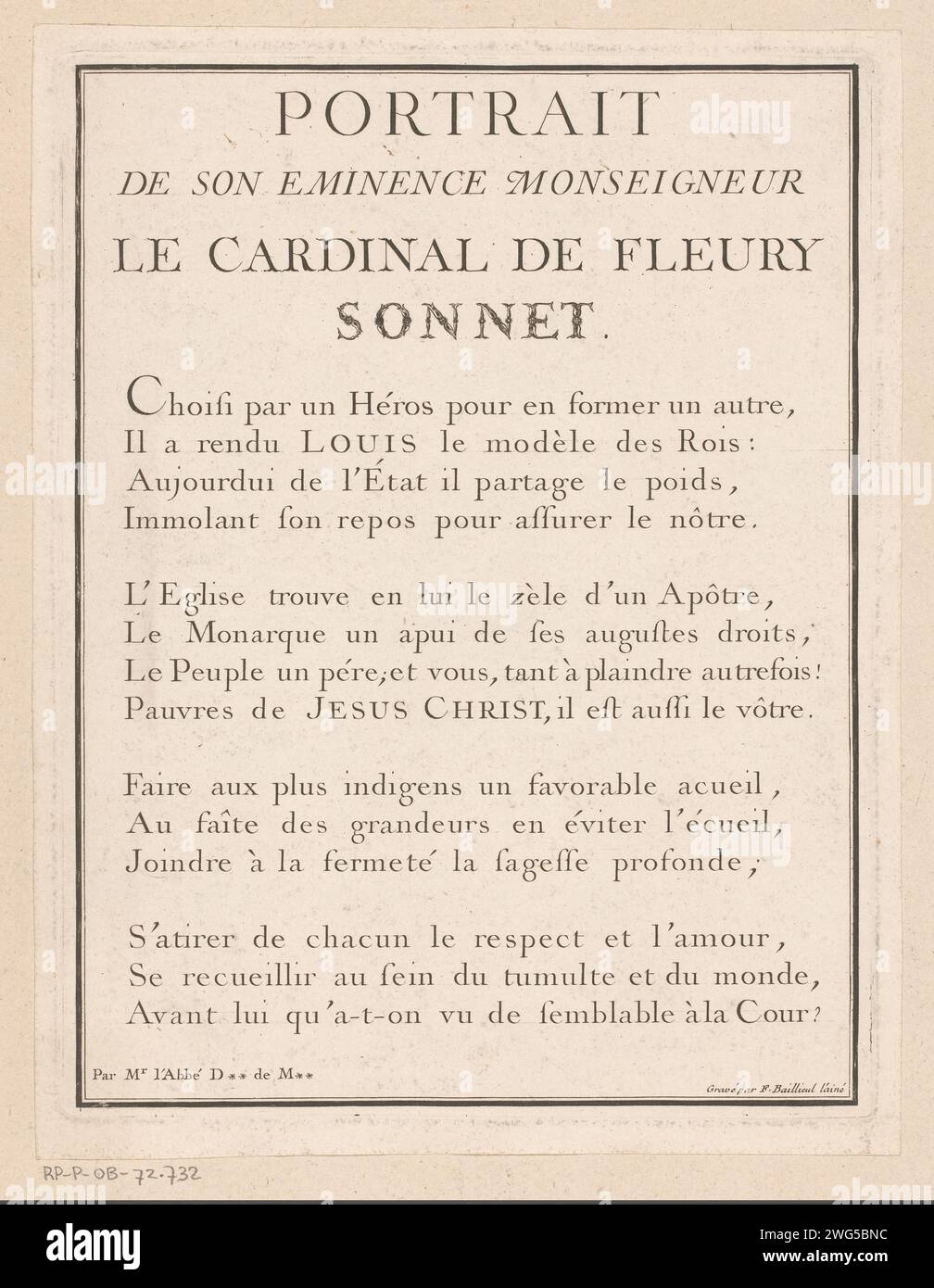 Sonetto appartenente al ritratto del cardinale de Fleury, Claude Roy (Rejected Attribution), 1717 - 1797 carta stampata incisione scrittura e lettere. persone storiche Foto Stock