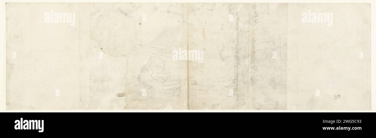 Navi a vela singole e piccole in un porto, Joris Hoefnagel, 1595 - 1601 carta da disegno. penna a inchiostro/porto pennello Foto Stock