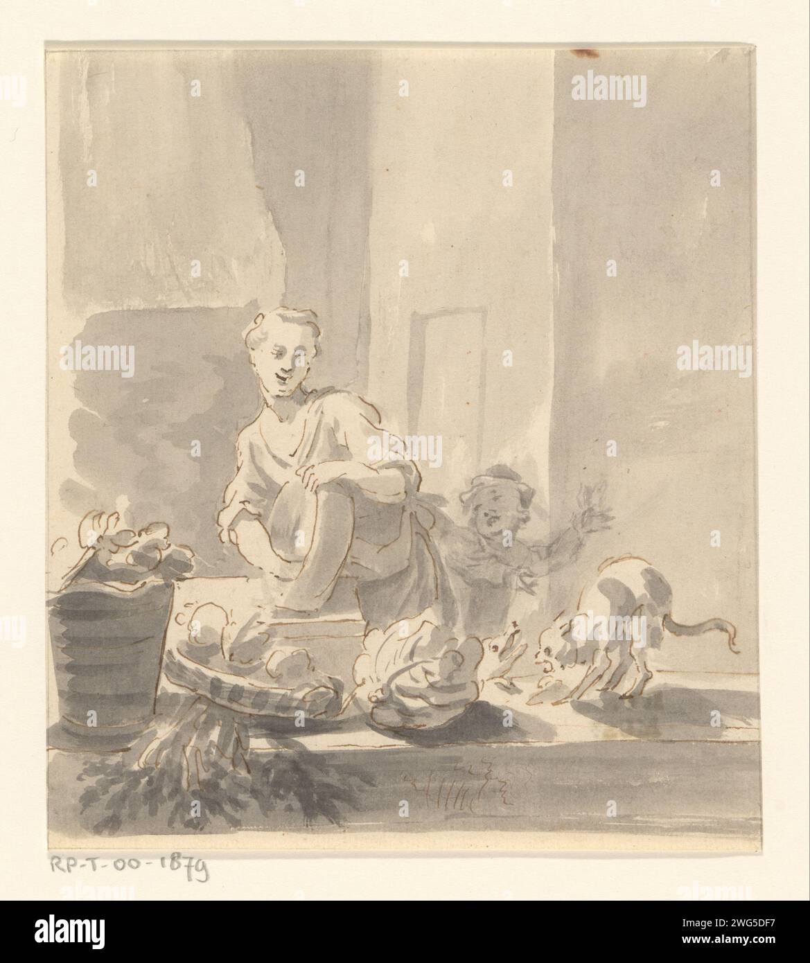 Pezzo da cucina con ragazza delle pulizie, bambino e cane da combattimento e gatto, anonimo, carta da disegno 1700 - 1800. Pennarello/pennello per cucina con alimenti in primo piano (olandese: "Keukenstuk"). cameriera della cucina, cameriera della cucina Foto Stock