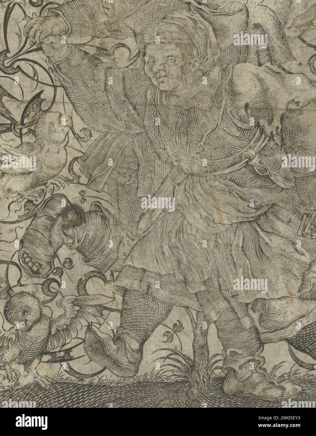 Decorazione piatta con un contadino danzante, c. 1481 - c. 1600 stampa la coppia e' circondata da grotesken e uccelli. Germania (forse) incisione su carta Foto Stock