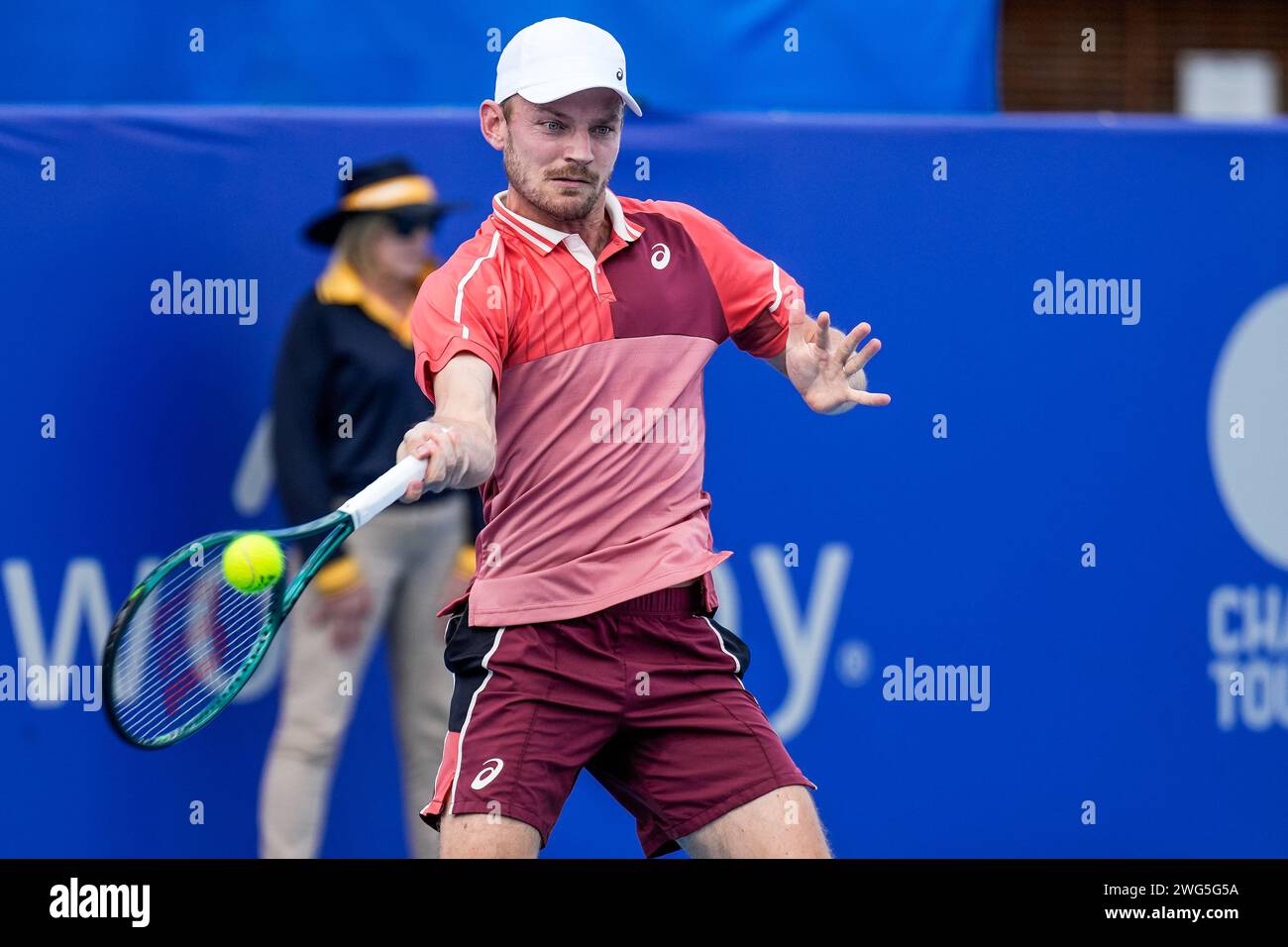 Il belga David Goffin in azione durante il Round of 32 del torneo Canberra International ATP Challenger 125 2024 Foto Stock