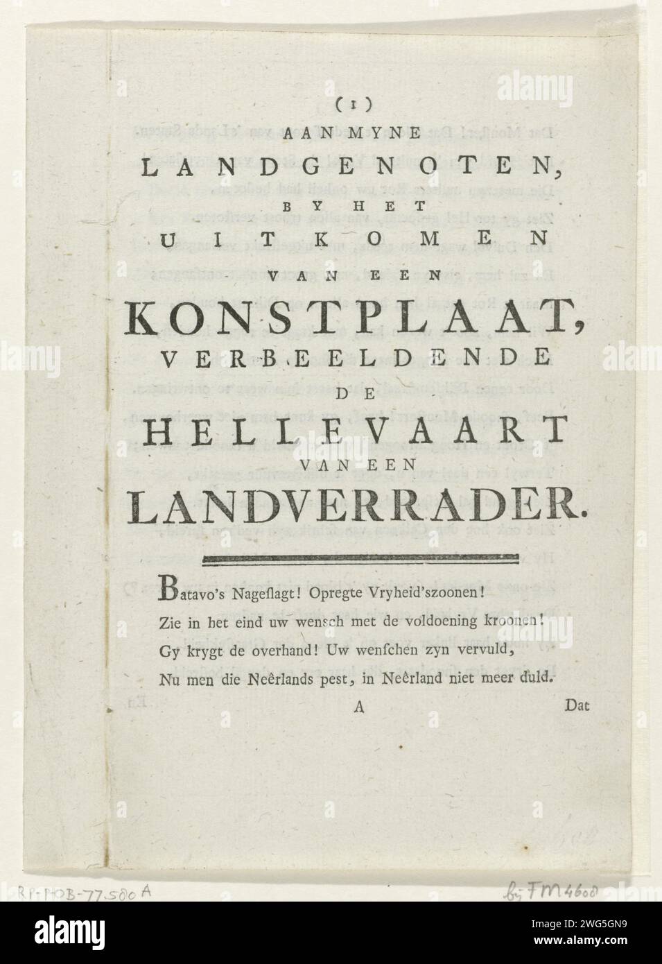 Fresh on the print of the Hellevaart of a traitor, 1784, Anonymous, 1784 text sheet sheet with a verse on the cartoon De Hellevaart from a traitor, following the Departure of the Duke of Brunswijk from the Netherlands, 14 ottobre 1784. Foglio doppio piegato stampato su tre lati. Stampa di carta da lettera nei Paesi Bassi del Nord Foto Stock