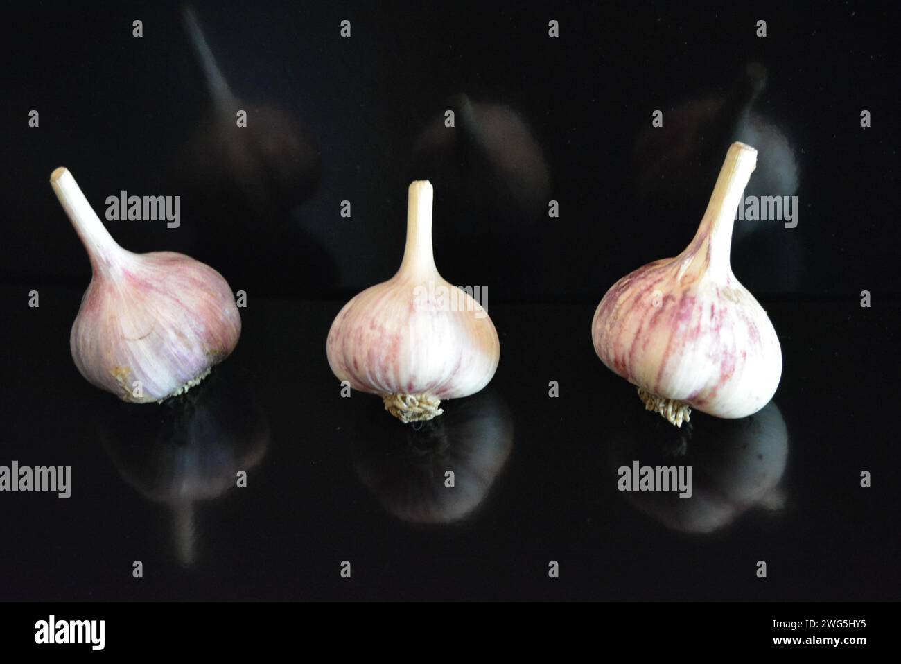 Verdure fresche, tre teste di vitello adagiate su una superficie nera lucida con riflessi ripetuti. Foto Stock