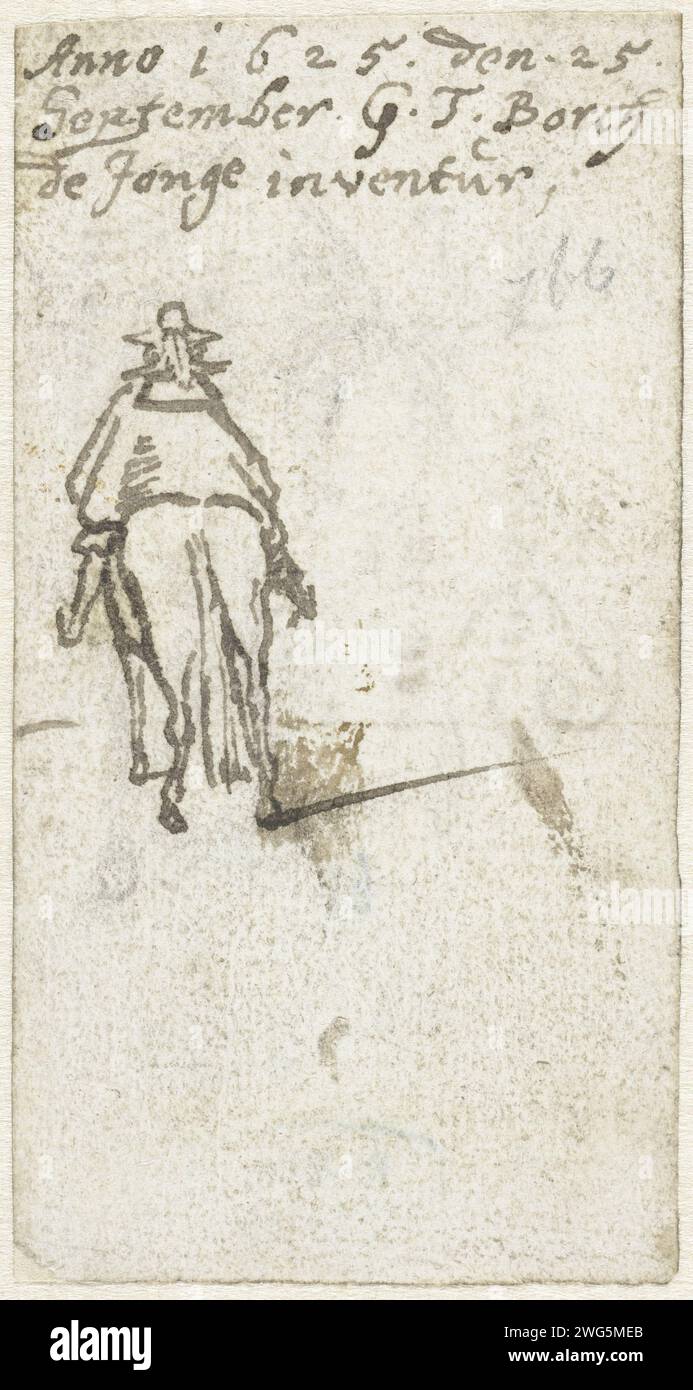 Uomo a cavallo, visto da dietro, Gerard ter Borch (II), 1625 che disegna carta Zwolle. inchiostro Foto Stock