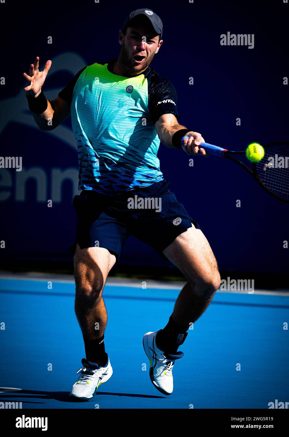 Dominik Koepfer tedesco in azione durante le semifinali del torneo Canberra International ATP Challenger 125 2024 Foto Stock