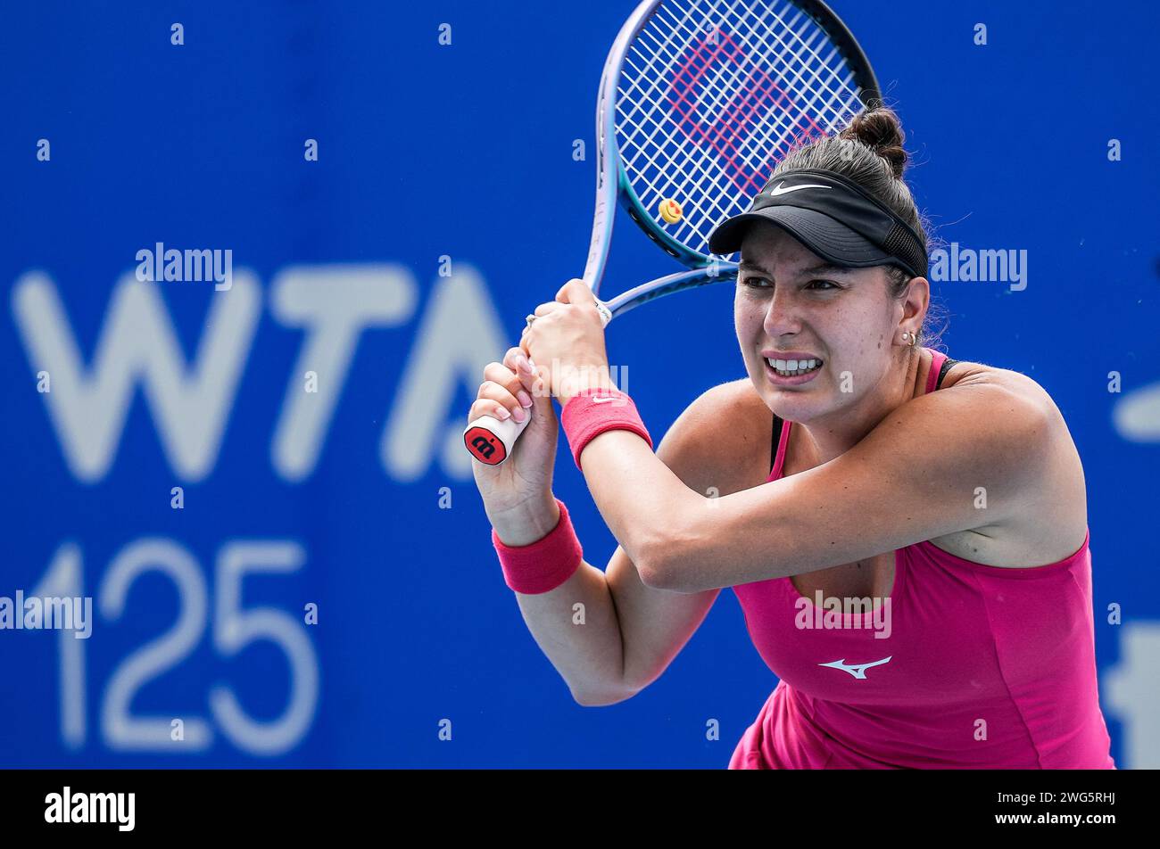 Oceane Dodin di Francia in azione durante i quarti di finale del torneo Canberra International WTA 125 del 2024 Foto Stock