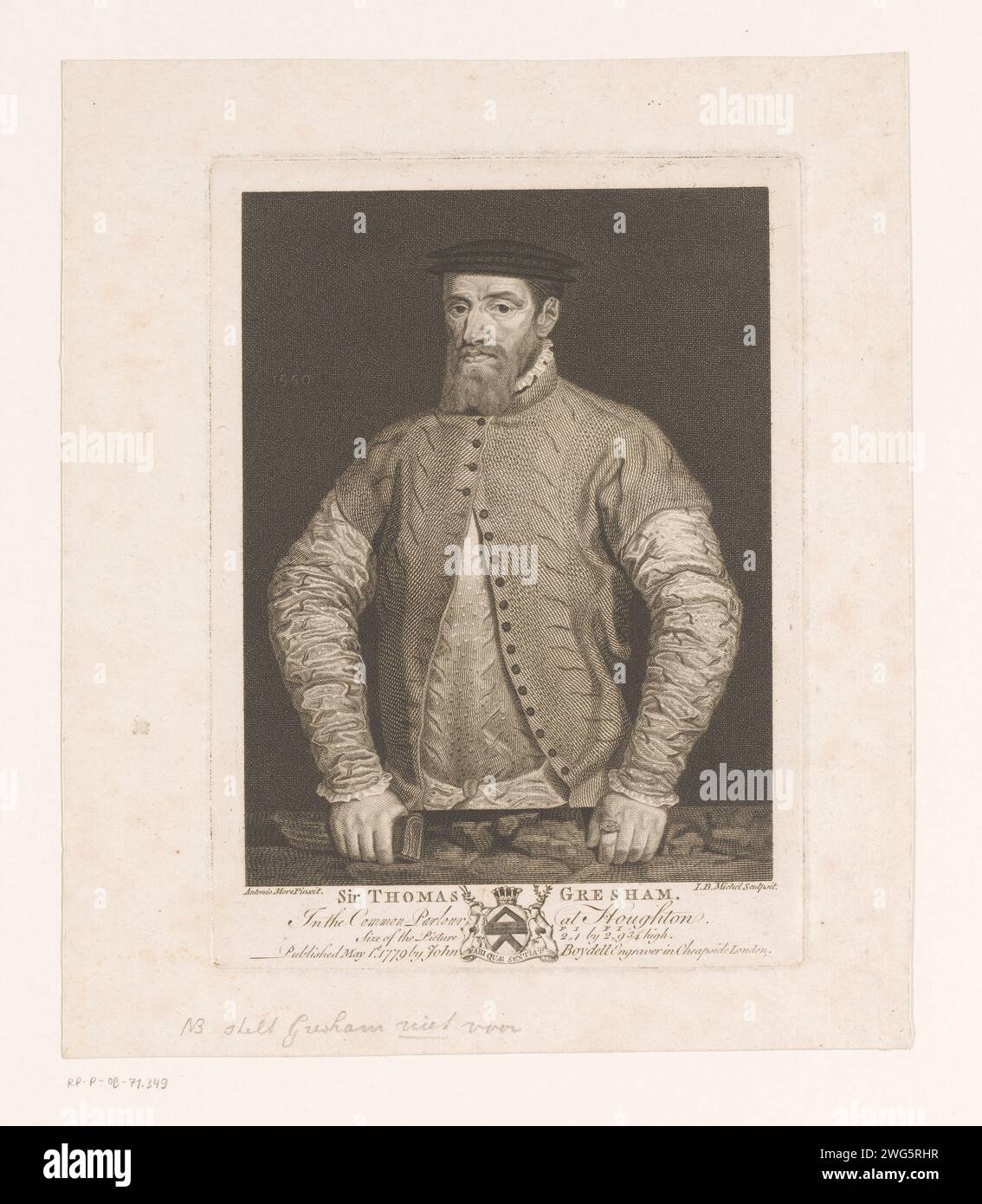 Ritratto di un uomo sconosciuto, erroneamente indicato come Thomas Gresham, Jean Baptiste Michel, dopo Anthonis Mor, stampa del 1779 probabilmente questo ritratto non rappresenta Thomas Gresham ma suo zio, Sir John Gresham (The British Museum). Carta di Londra che incide persone storiche. cuscinetto araldico Foto Stock