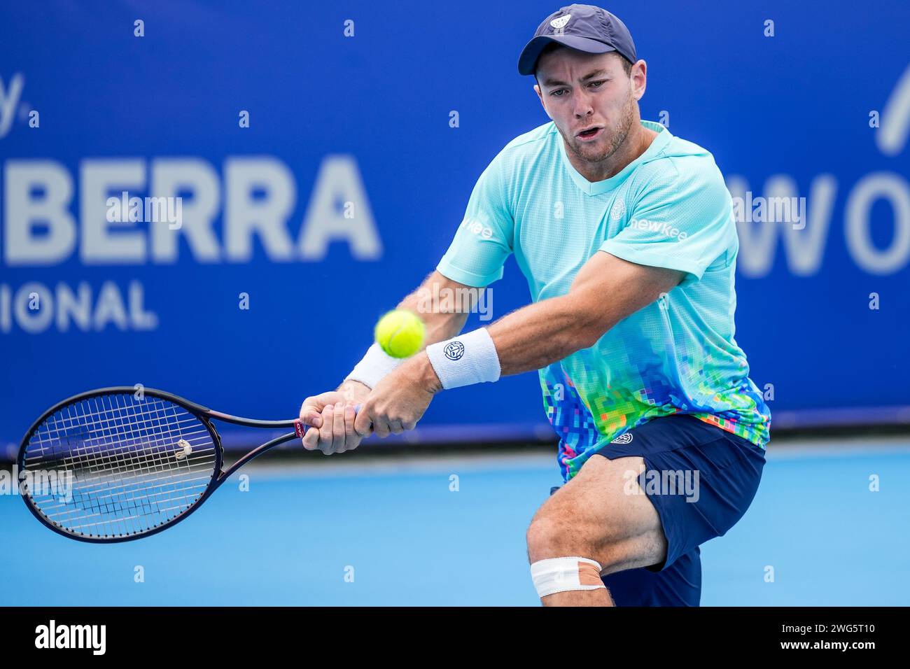 Dominik Koepfer tedesco in azione durante i quarti di finale del torneo Canberra International ATP Challenger 125 2024 Foto Stock