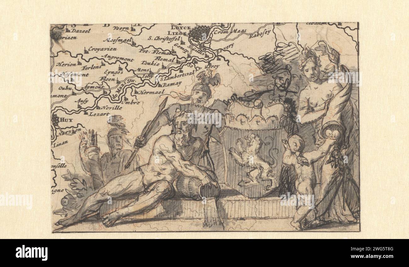 Disegna una vignetta con il Wapen van Brabant, Gerard de Lairesse, 1668 - 1670 che disegna a sinistra un dio del potere. A destra una donna con un corno di abbondanza. Proefprint di una mappa con il disegno di progettazione per una vignettatura nell'incisione. Progettare una stampa. carta. mappe di incisioni con gesso/pennelli/penne di paesi o regioni diversi. fiume personificato, 'fiumi' (Ripa). stemma (simbolo dello stato, ecc.) (+ provincia; provinciale). Plenitudine (+ concetto astratto rappresentato dalla figura femminile) Foto Stock