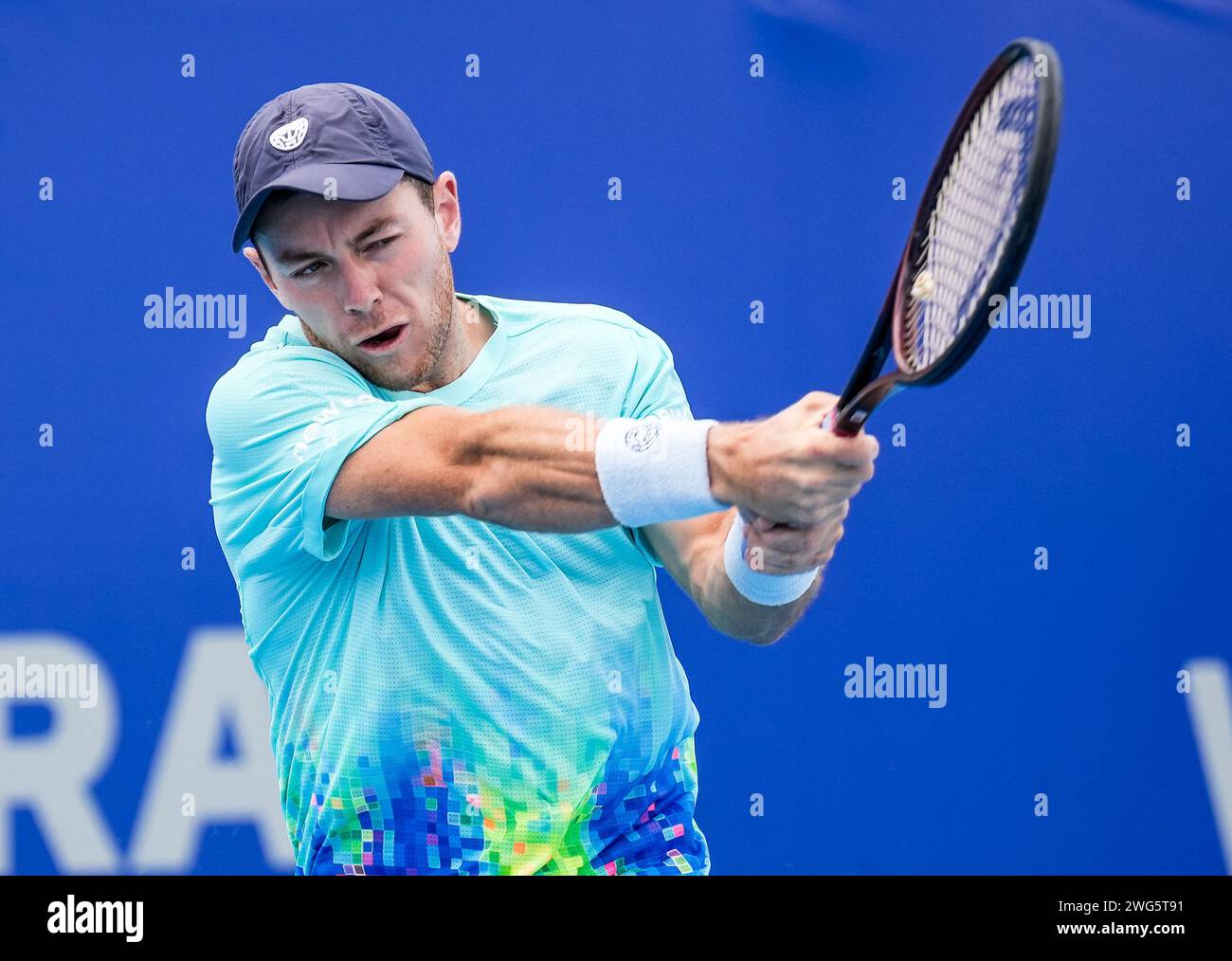 Dominik Koepfer tedesco in azione durante i quarti di finale del torneo Canberra International ATP Challenger 125 2024 Foto Stock