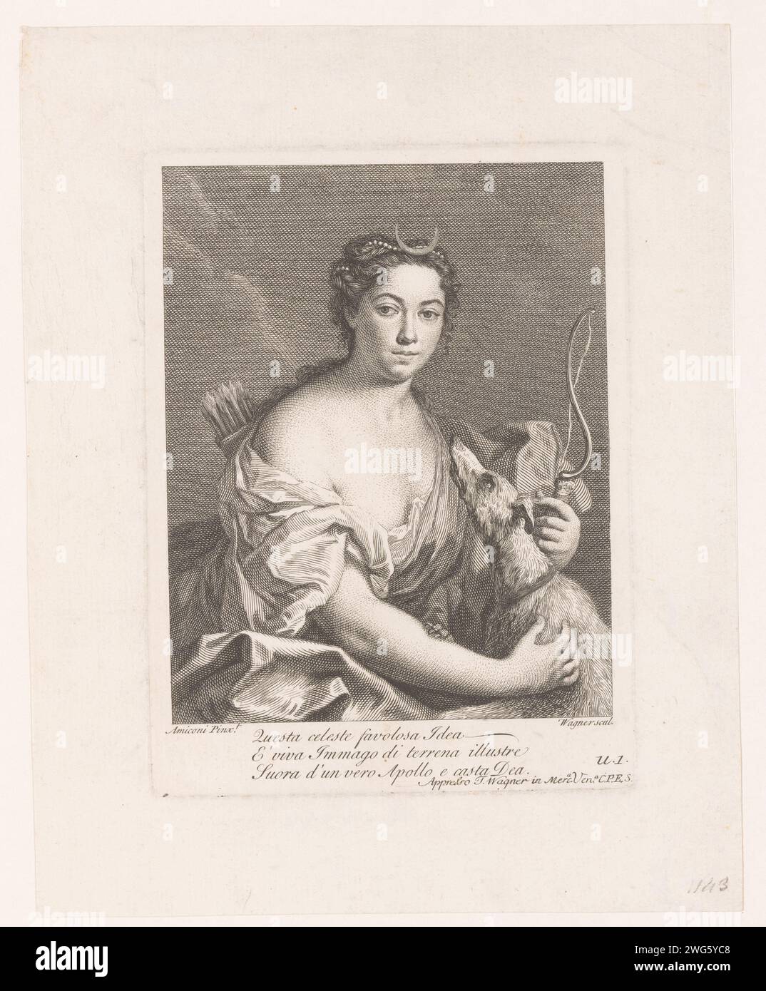 Diana con cane e freccia-en-bog, Joseph Wagner, dopo Jacopo Amigoni, 1739-1780 stampa in basso a destra: U.1. Incisione di carta di Venezia (storia di) Diana (Artemis) Foto Stock