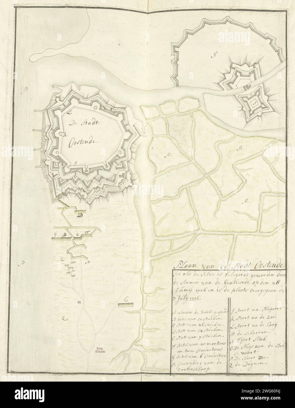 Assedio di Ostenda, 1706, 1706 Mappa dell'assedio della città amplificata di Ostenda da parte degli Alleati, giugno-Juli 1706. In basso a destra la leggenda A-Q in olandese. Parte di una collezione di piani firmati di luoghi rinforzati nei Paesi Bassi e nei paesi circostanti al tempo della guerra di successione spagnola (parte C). Mappe cartacee delle città dei Paesi Bassi. Assedio, posizione guerra Ostenda Foto Stock