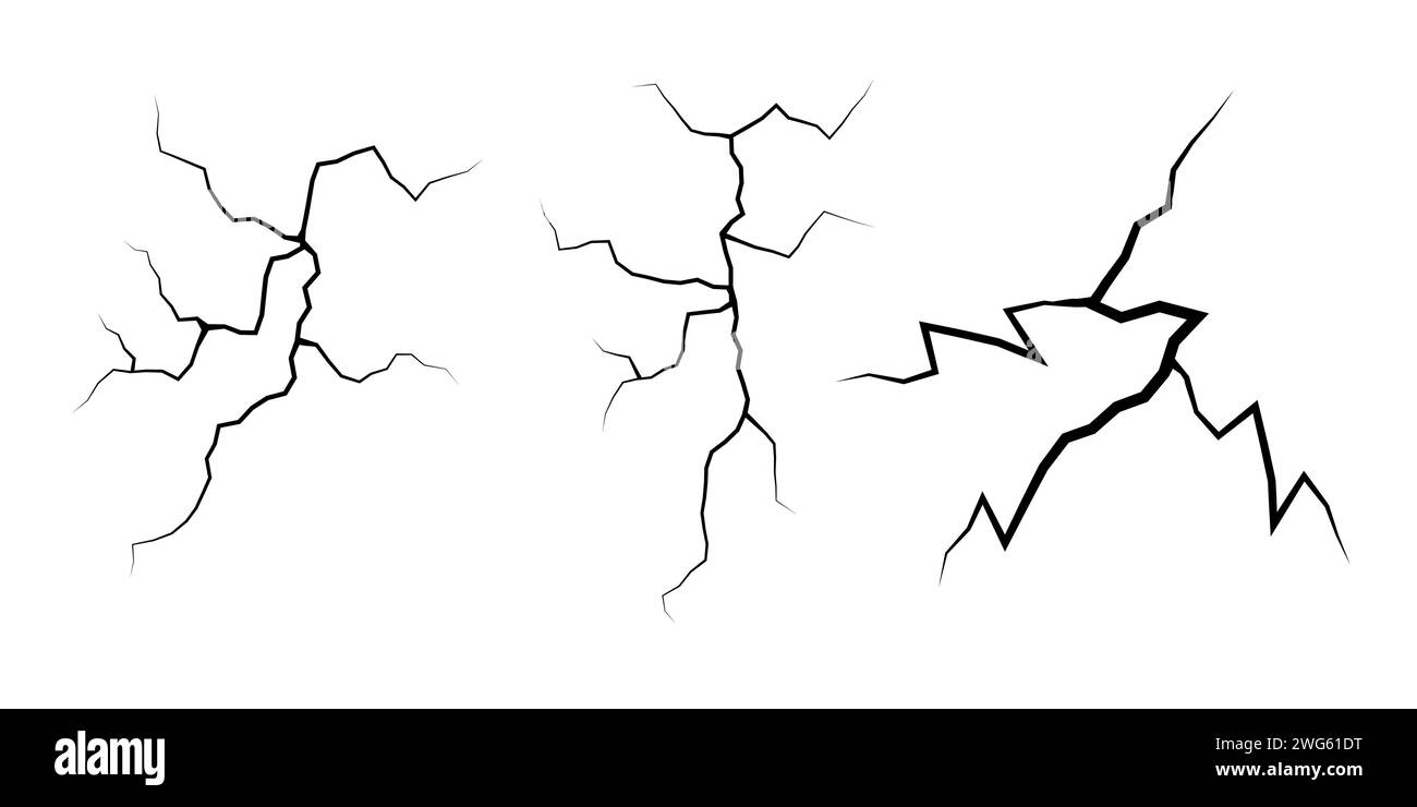 Serie di incrinature. Collezione di diversi fulmini neri. Crepa di terra. Imposta temporali e fulmini. Illustrazione vettoriale di fenomeni naturali attivata Illustrazione Vettoriale