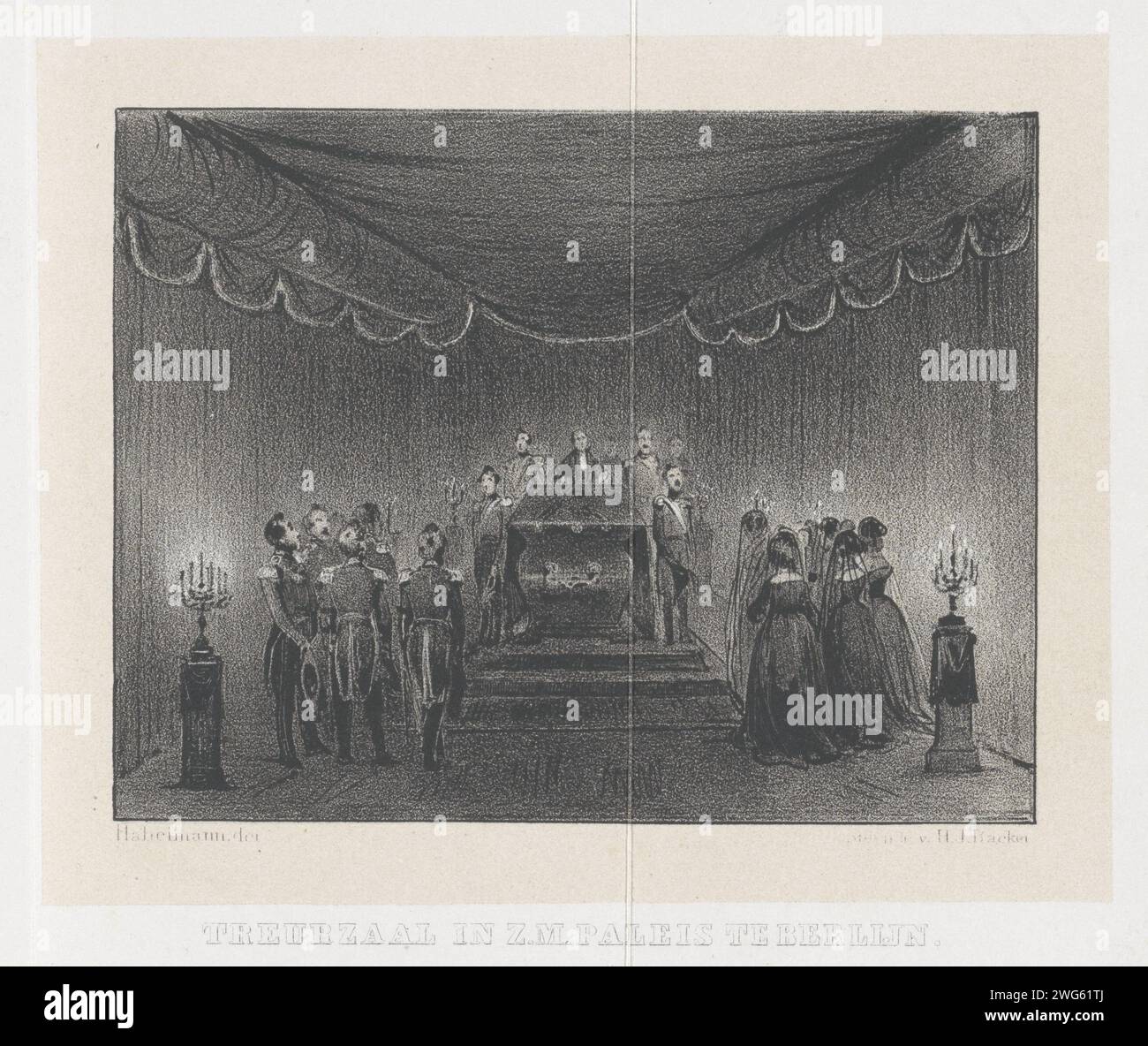 Treurzaal con bara di re Guglielmo i a Berlino, 1843, 1844 stampa stanza Trurida con la bara dell'ex re Guglielmo i nell'Altes Palais sull'Unter den Linden a Berlino, nel momento in cui il cadavere viene pronunciato, 22 dicembre 1843. Nella descrizione una lista delle sedici persone presenti, incluso il re di Prussia. Primo piatto del libretto con due registrazioni della morte dell'ex re Guglielmo i a Berlino, 22 dicembre 1843. Questo opuscolo è apparso come un supplemento a un lavoro più grande con più record dal 1844. Dopo il disegno di: Berlinprinter: Veglie di carta dei Paesi Bassi e veglia Foto Stock