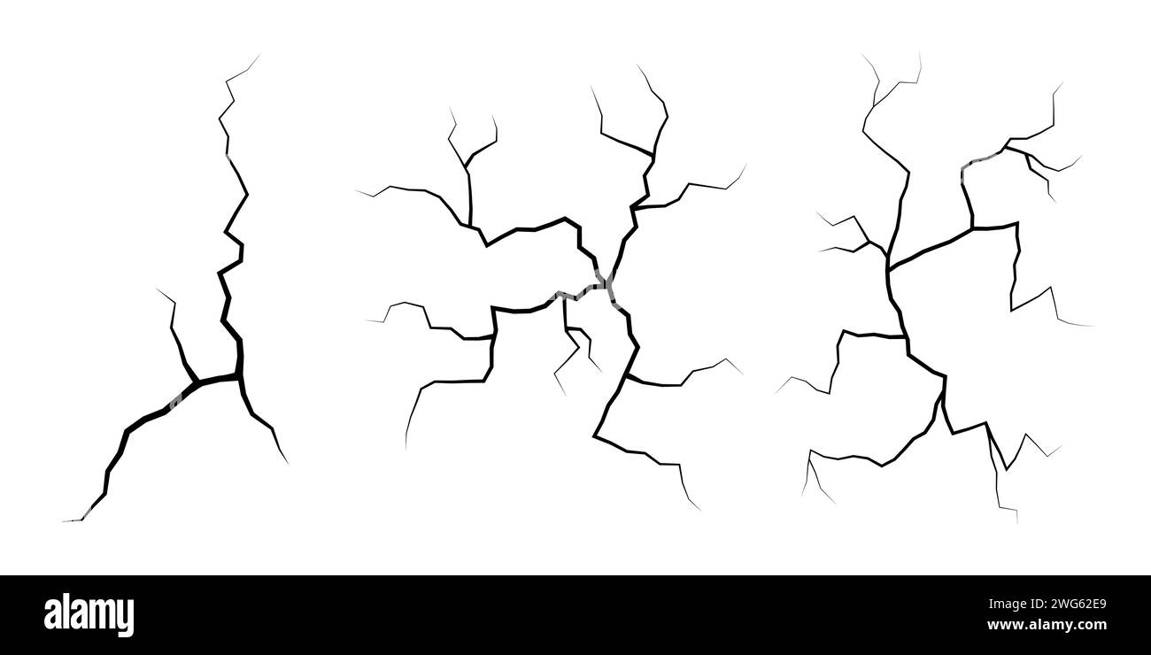 Serie di incrinature. Collezione di diversi fulmini neri. Crepa di terra. Imposta temporali e fulmini. Illustrazione vettoriale di fenomeni naturali attivata Illustrazione Vettoriale