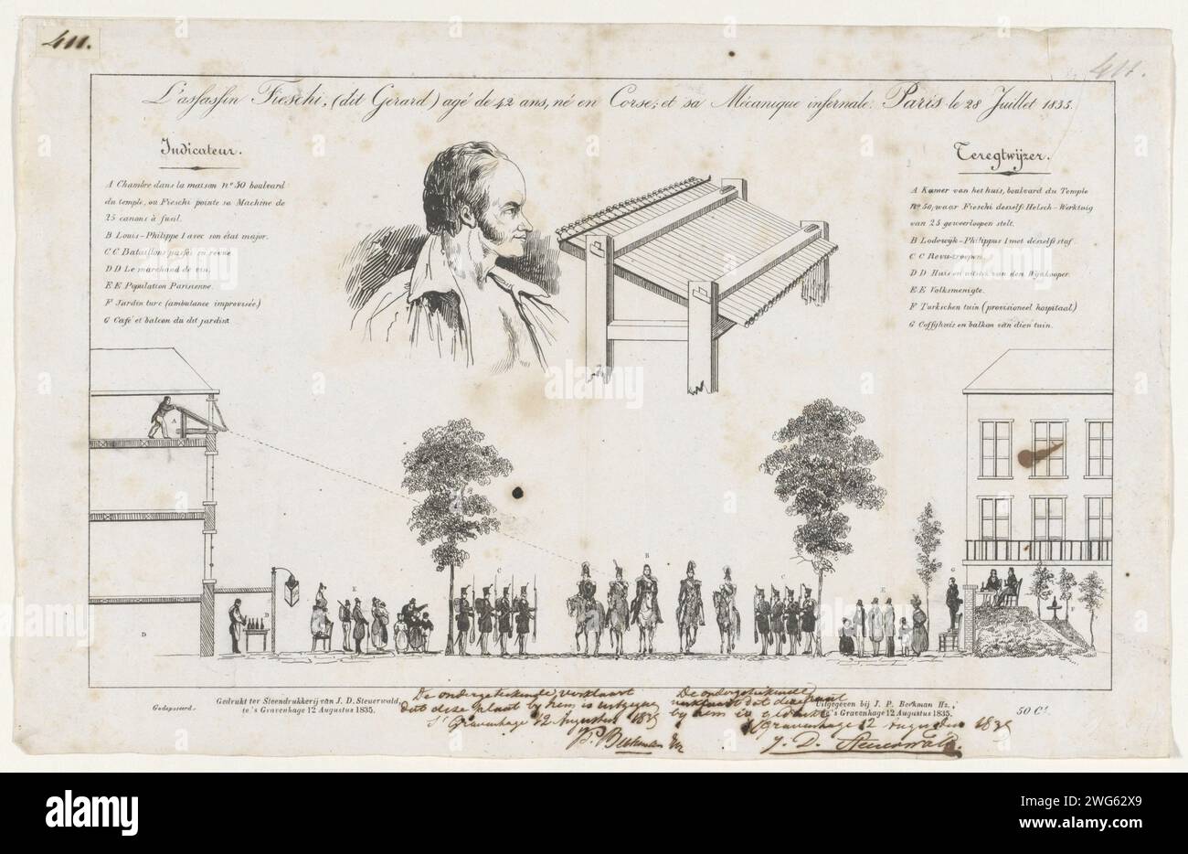Attacco di Giuseppe Marco Fieschi e della sua macchina infernale al re di Francia Luigi Filippo, 1835, 1835 stampa attacco alla vita del re di Francia Luigi Filippo a Parigi da parte del corso Giuseppe Marco Fieschi e la sua macchina infernale, 28 giugno 1835. In cima a un ritratto di Fieschi accanto alla sua macchina a cui erano attaccati 25 cannoni. Sotto di esso una rappresentazione schematica della casa da cui Fieschi fece abitare la sua macchina sul re francese e sul suo entourage. Leggende sinistra e destra A-G in francese e olandese. Tipografia: Netherlandsprinter: The Haguepublisher: The Hague paper Try, Political mu Foto Stock
