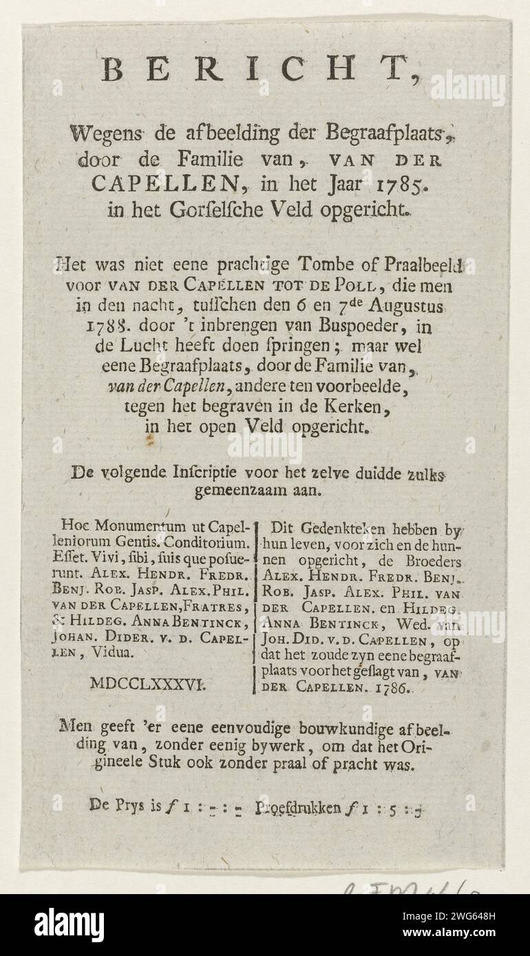 Messaggio dell'editore sulla stampa con il cimitero della famiglia Van der Capellen nel Gorsselse Veld, 1785, anonimo, 1788 scheda di testo scheda di testo con un messaggio dell'editore sulla pubblicazione della stampa con la rappresentazione architettonica del cimitero della famiglia Van der Capellen nel Gorsselse Veld vicino a Zutphen, costruita nel 1785 in onore della Joan Derk van der Capellen, morì nel 1784 a den Pol e nell'agosto del 1788 soffiata da Oranjegezinden. Con prezzo e prezzo standard per le stampe di prova. Stampa carta da lettera nei Paesi Bassi del Nord Gorssel Foto Stock