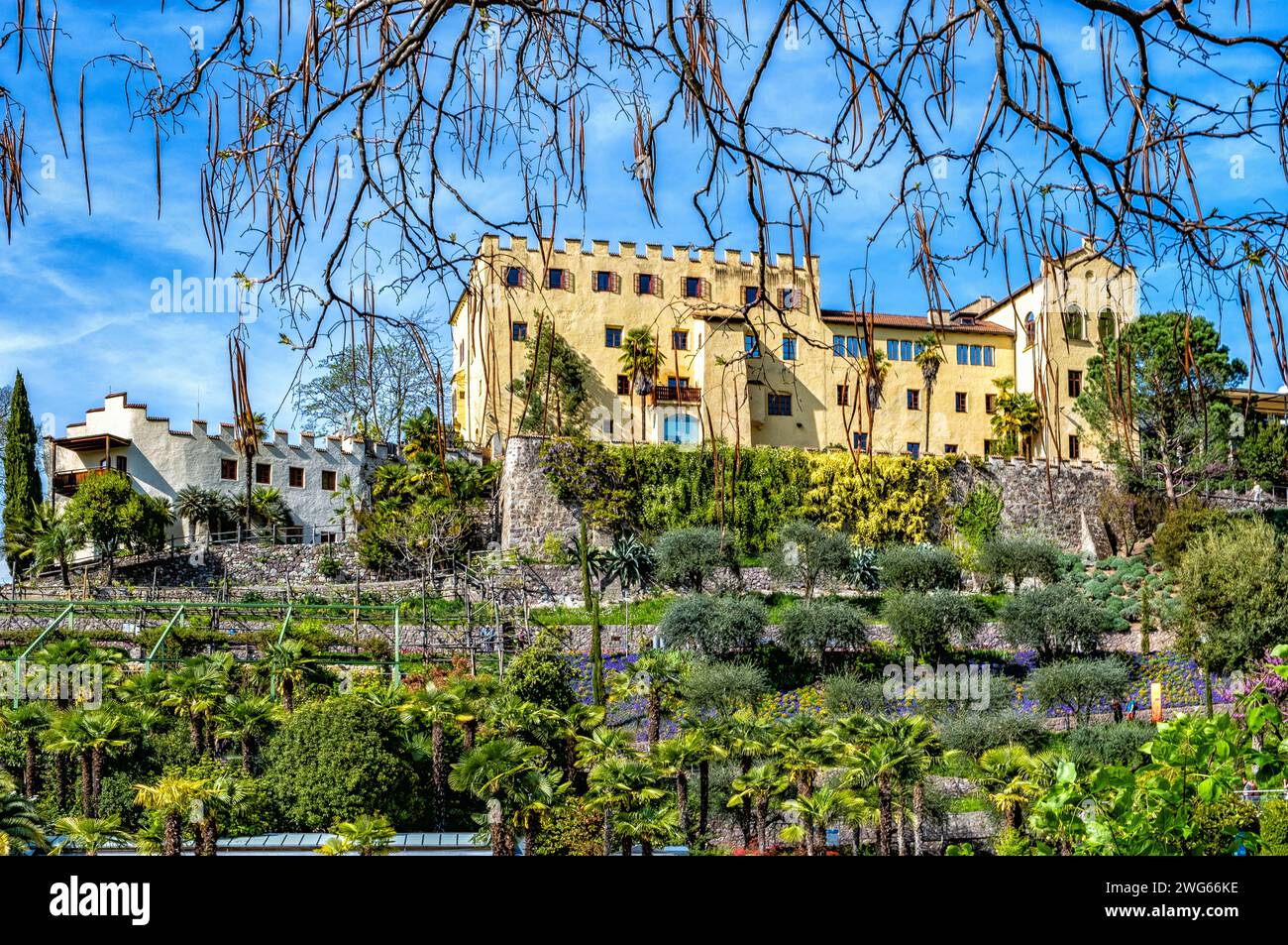 Veduta dell'Orto Botanico del Castello di Trauttmansdorff, Merano, Trentino-alto Adige, Italia, 18 maggio, 2023 Foto Stock